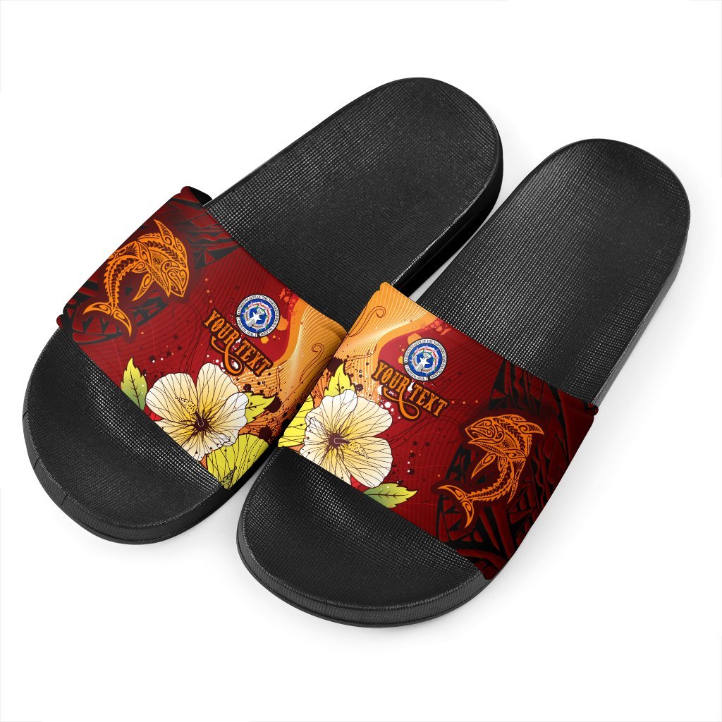 Northern Mariana Islands Custom Personalised Slide Sandals - Tribal Tuna Fish Black - Polynesian Pride
