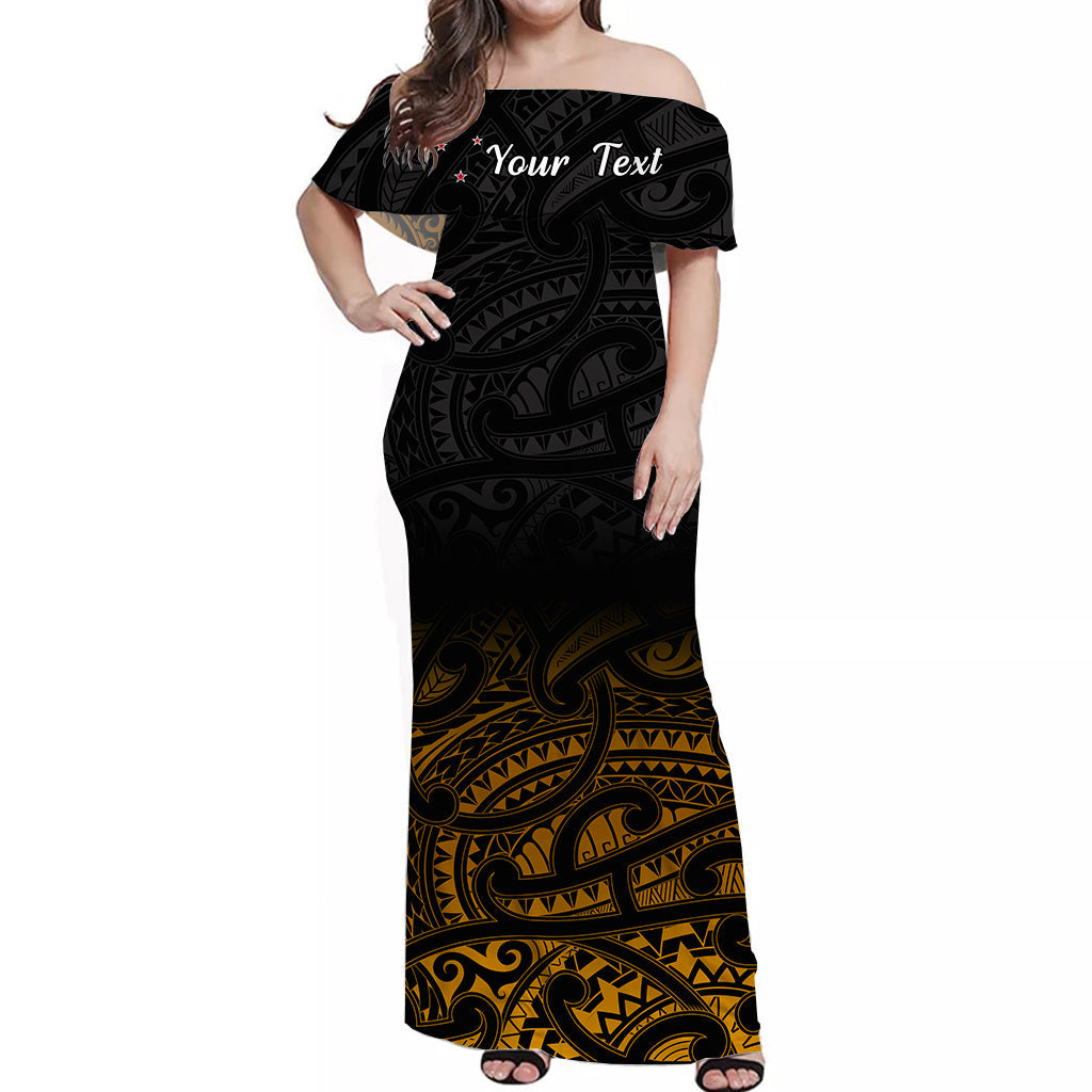 (Custom Personalised) New Zealand Off Shoulder Long Dress Maori Pattern Gold LT13 Women Gold - Polynesian Pride