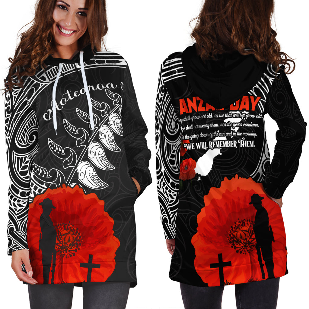 New Zealand Anzac 2022 Hoodie Dress Maori Mix Fern Poppy LT13 Black - Polynesian Pride