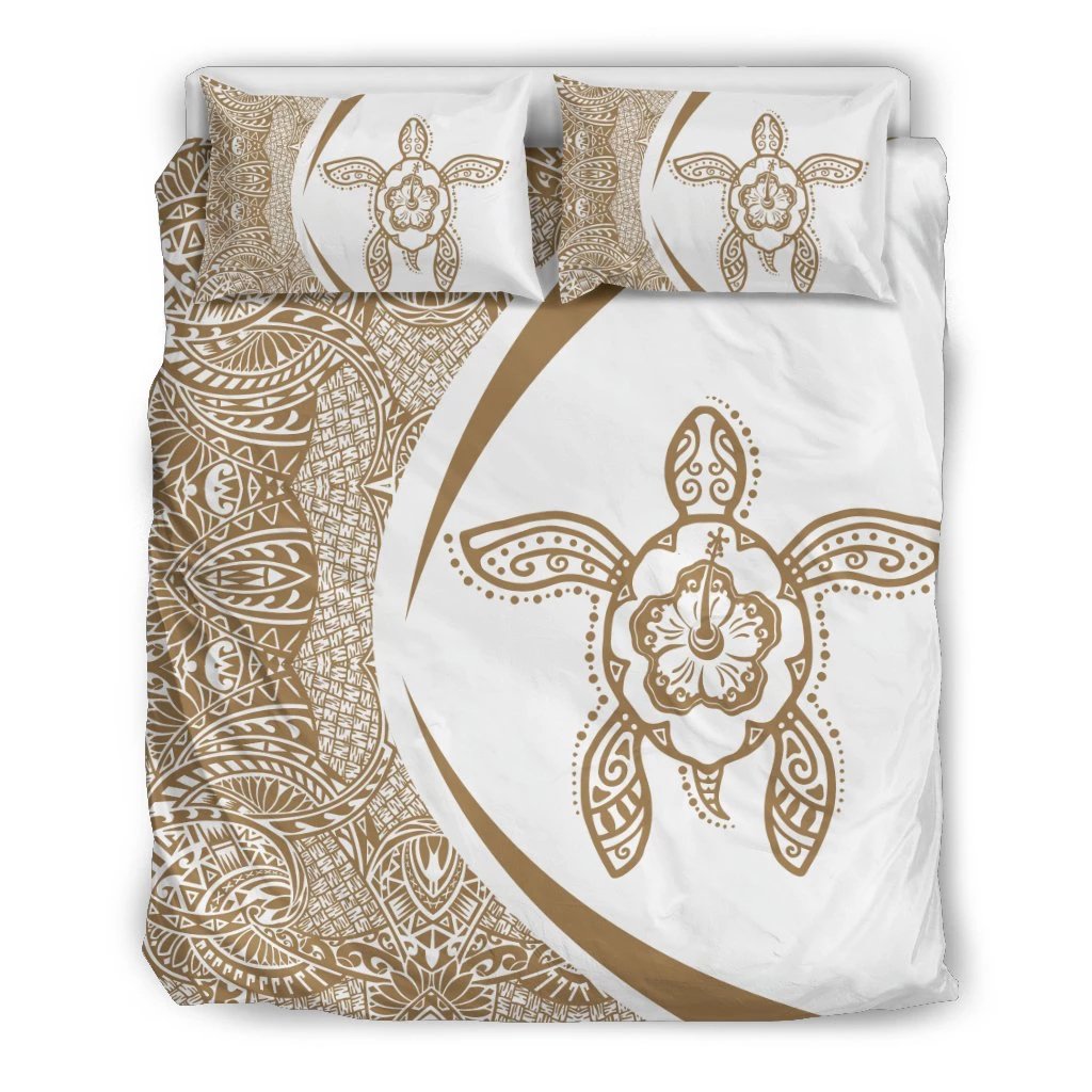Hawaiian Hibiscus Turtle PolynesianBedding Set-Circle Style Gold And White Black - Polynesian Pride