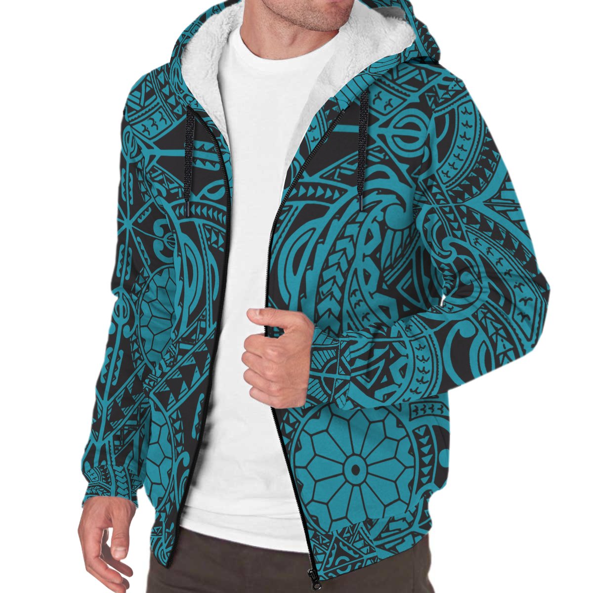 Polynesian Patterns Sherpa Hoodie - Blue Style White - Polynesian Pride