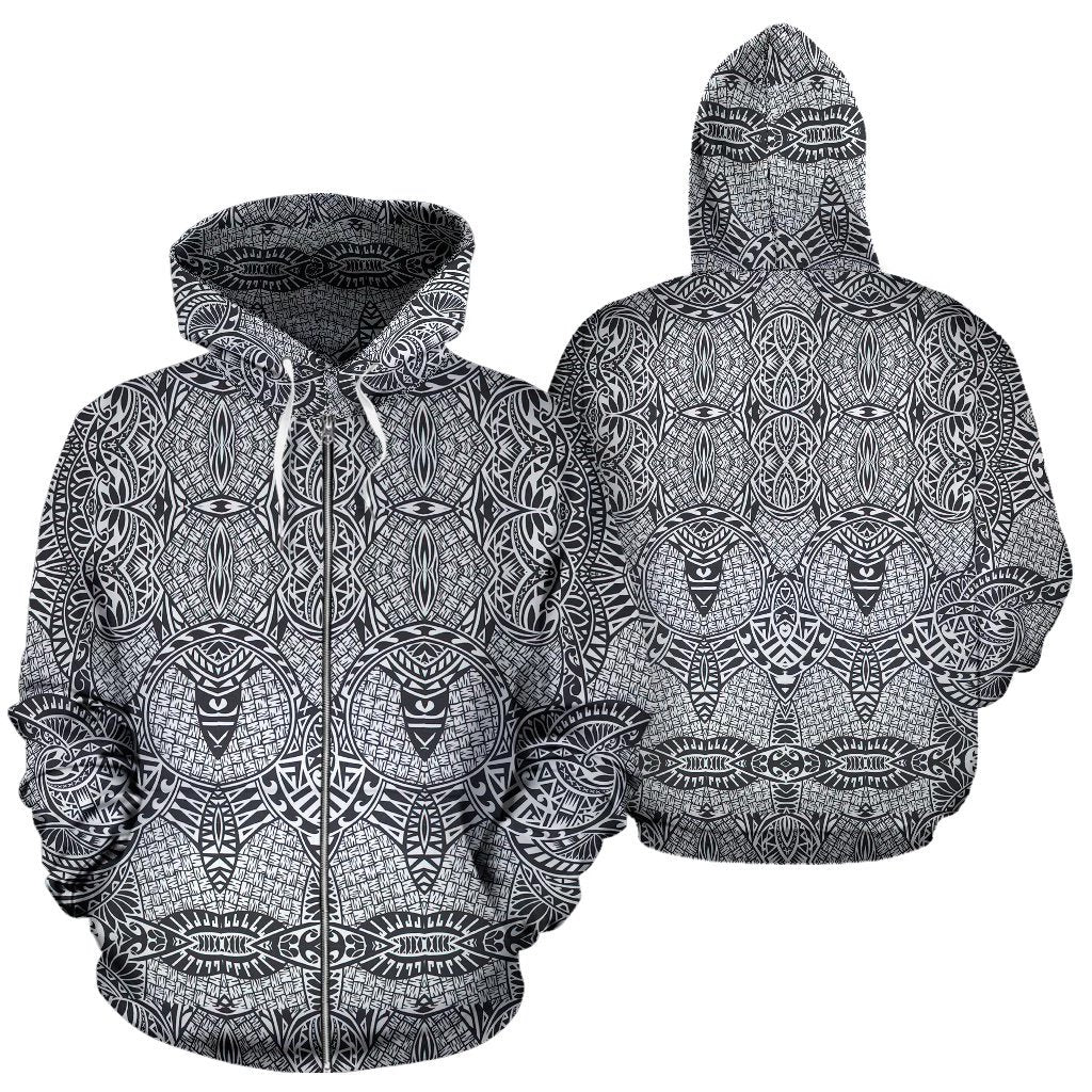Polynesian Zip up Hoodie Tribal 08 Unisex White - Polynesian Pride