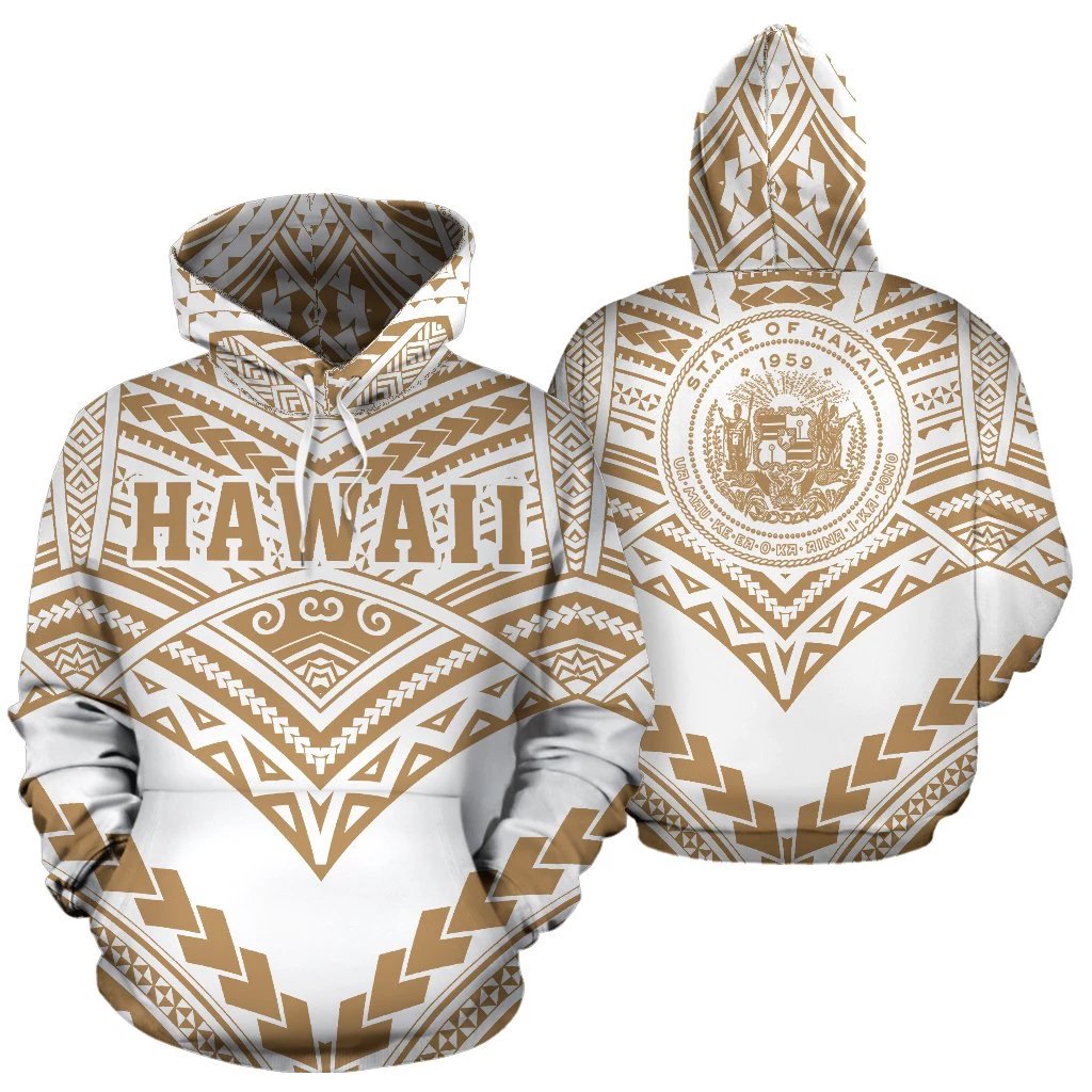 Hawaii Polynesian Tribal Hoodie New Warrior Style Golden and White Color Unisex White - Polynesian Pride