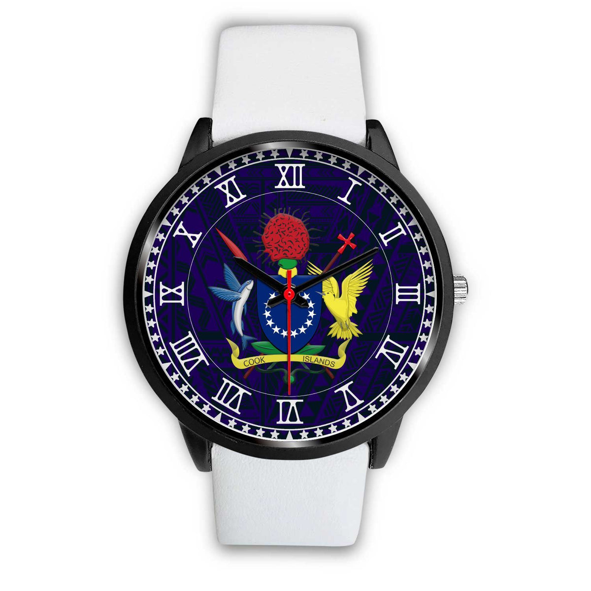 Cook Islands Coat Of Arms Black Watch White Leather Genuine Leather - Polynesian Pride