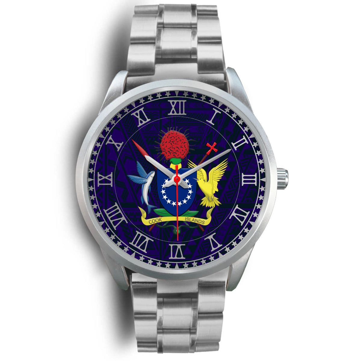 Cook Islands Coat Of Arms Silver Watch Silver Metal Link Silver - Polynesian Pride