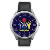 Cook Islands Coat Of Arms Silver Watch Black Leather Silver - Polynesian Pride