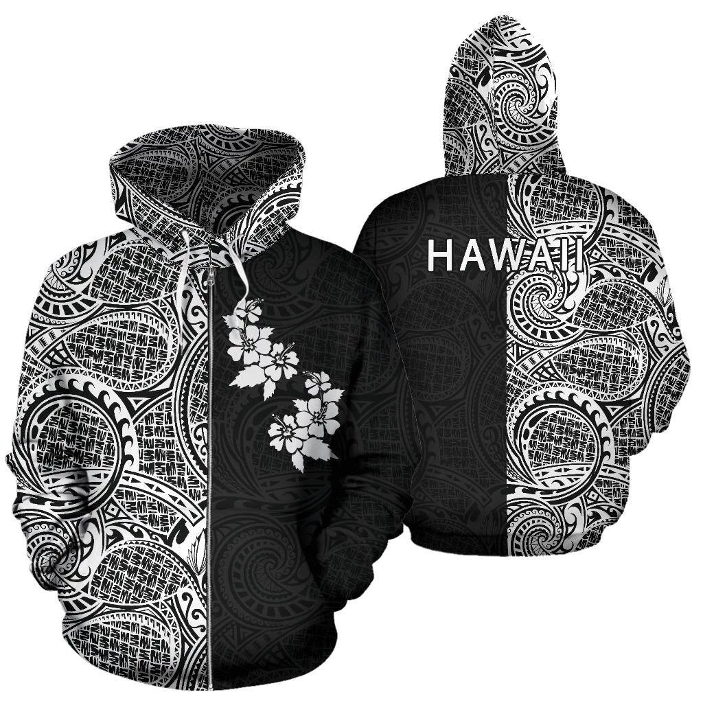 Hibiscus Hoodie Zip up Polynesian Half Style White Unisex White - Polynesian Pride