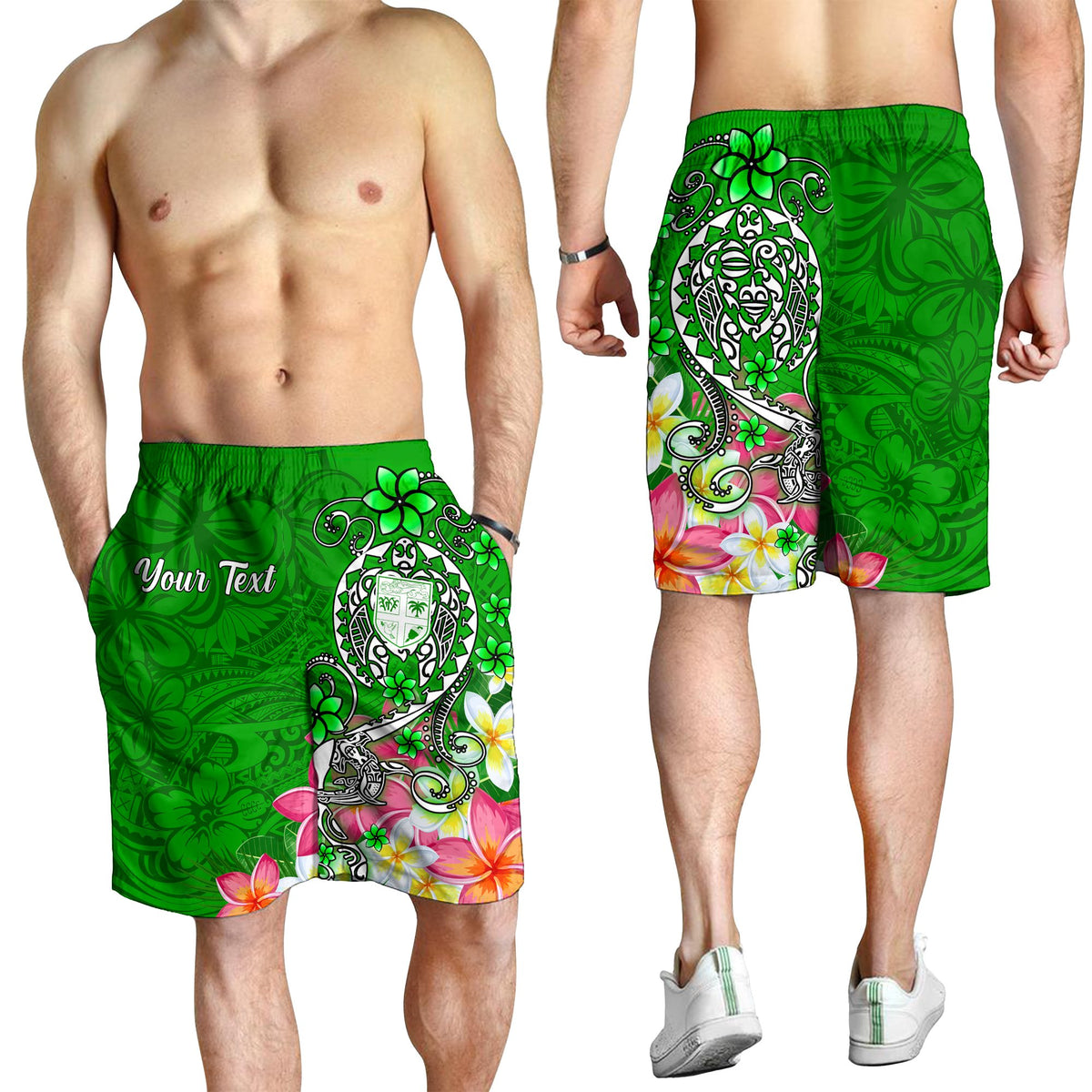 Fiji Custom Personalised Men's Shorts - Turtle Plumeria (Green) - Polynesian Pride
