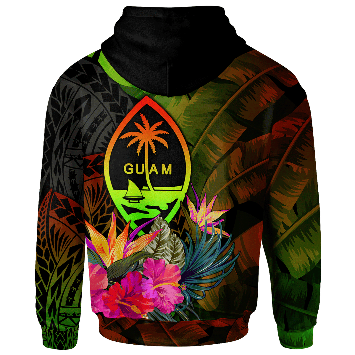 Guam Polynesian Custom Zip up Hoodie Hibiscus and Banana Leaves - Polynesian Pride