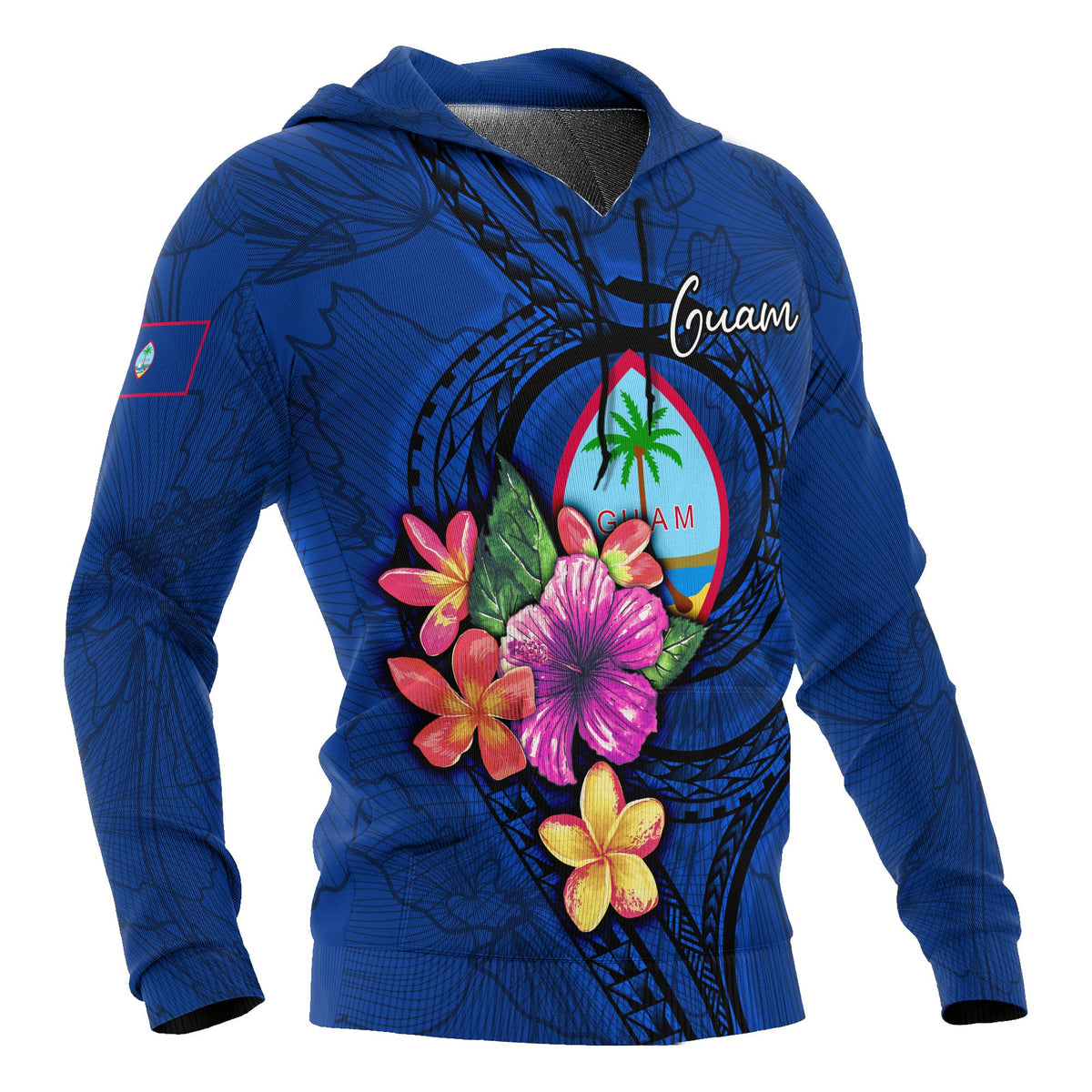 Guam Polynesian Hoodie Floral With Seal Blue - Polynesian Pride