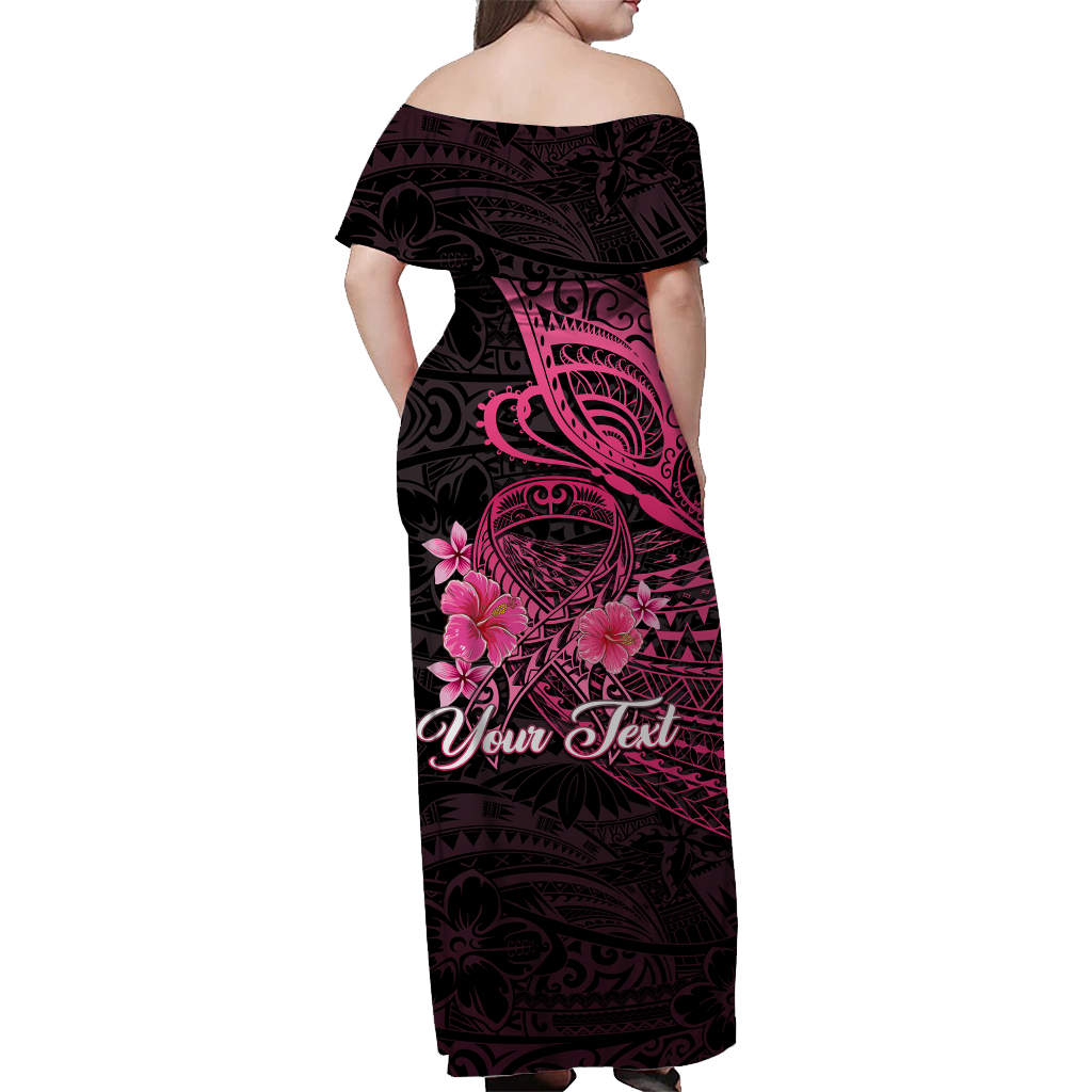 (Custom Personalised) Breast Cancer Pink Ribbon Butterfly Polynesian Black Version Off Shoulder Long Dress - LT12 - Polynesian Pride