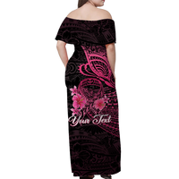 (Custom Personalised) Breast Cancer Pink Ribbon Butterfly Polynesian Black Version Off Shoulder Long Dress - LT12 - Polynesian Pride