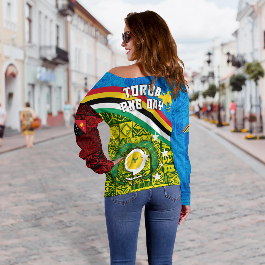 Torba PNG Day Off Shoulder Sweater Vanuatu and Papua New Guinea - Combine Flag Design LT4 - Polynesian Pride