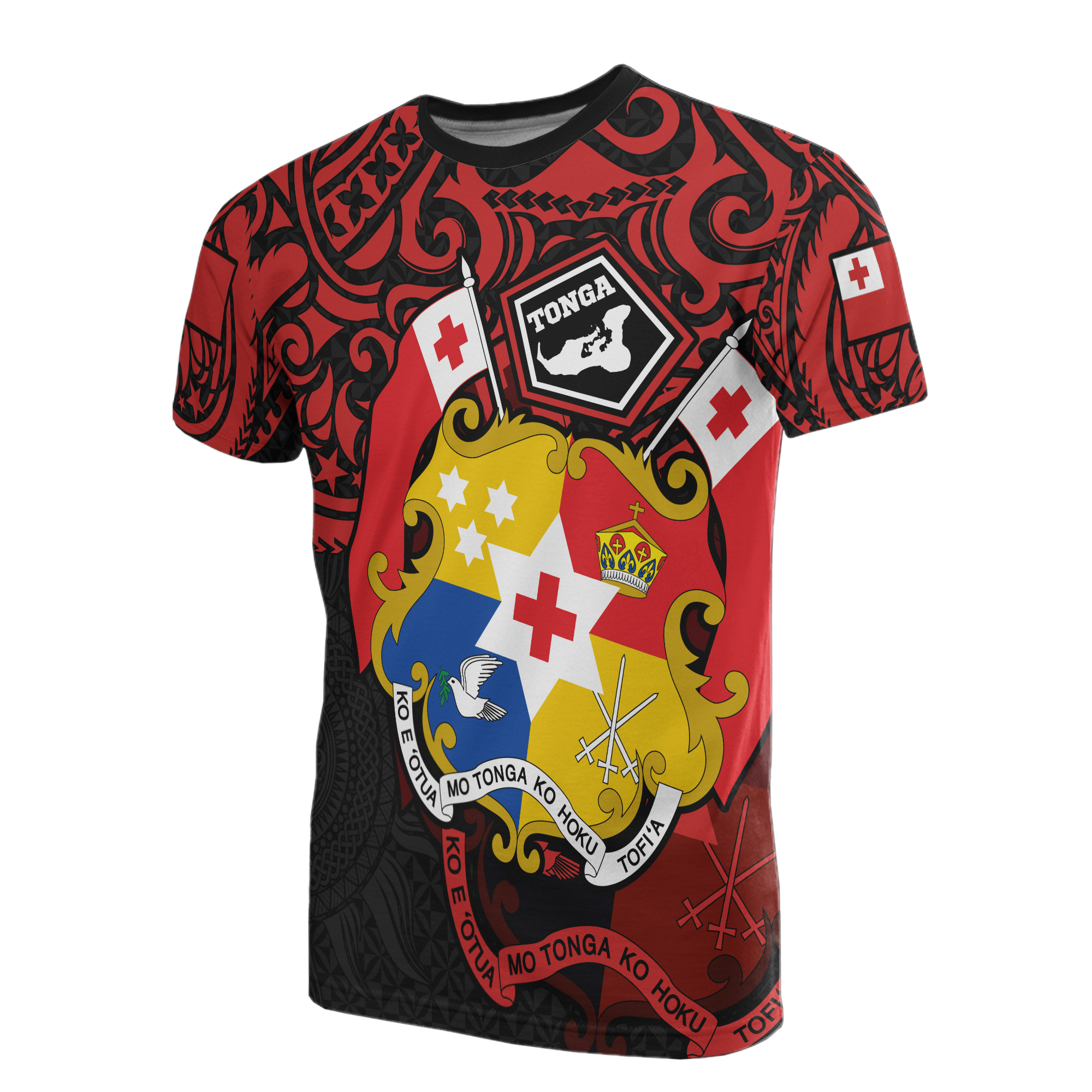 Tonga Pride T Shirt Tonga Flag Coat of Arms Polynesian Tattoo Unisex RED - Polynesian Pride