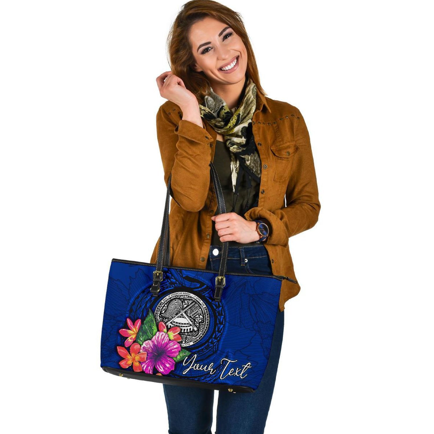 American Samoa Polynesian Custom Personalised Large Leather Tote - Floral With Seal Blue Blue - Polynesian Pride