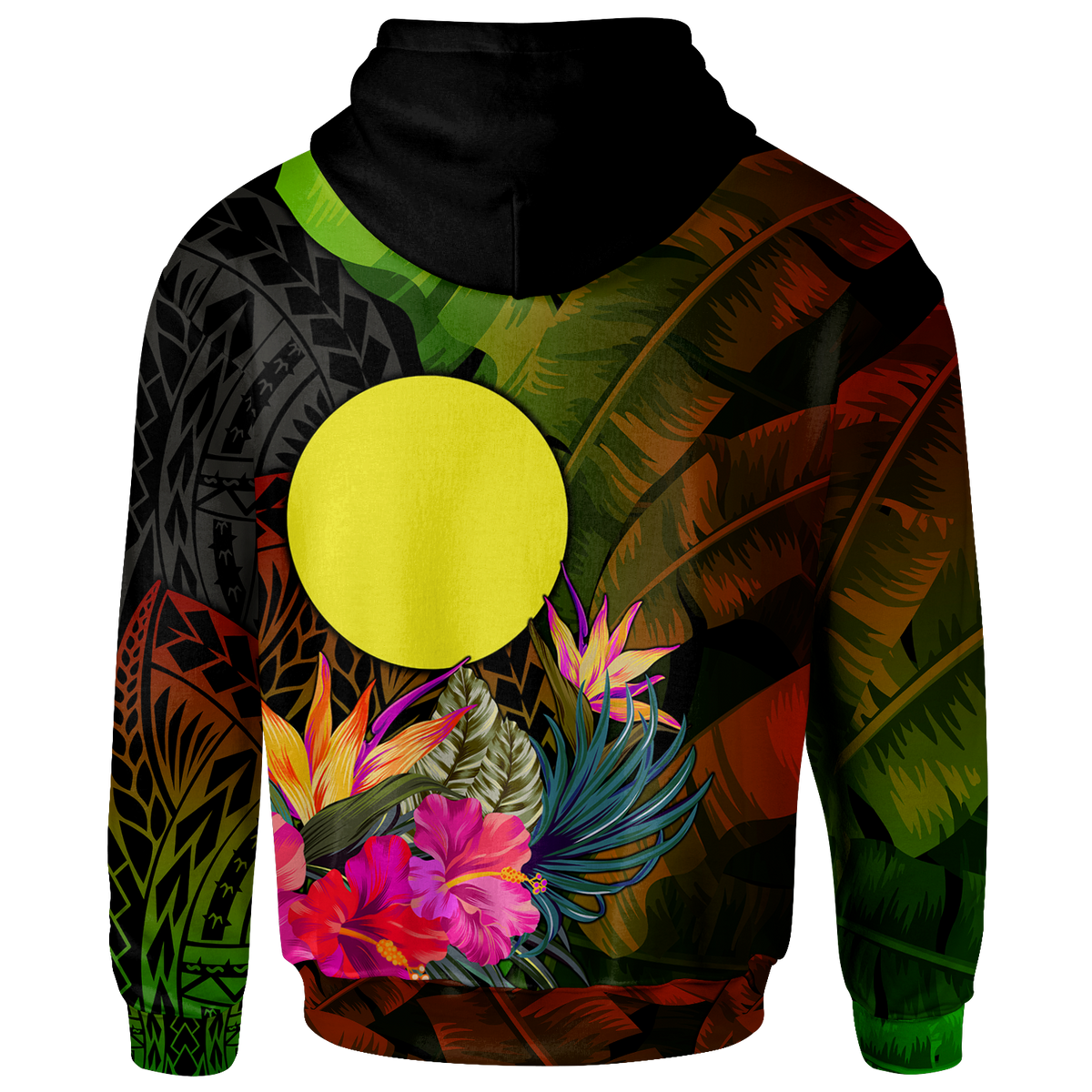 Palau Polynesian Zip up Hoodie Hibiscus and Banana Leaves - Polynesian Pride