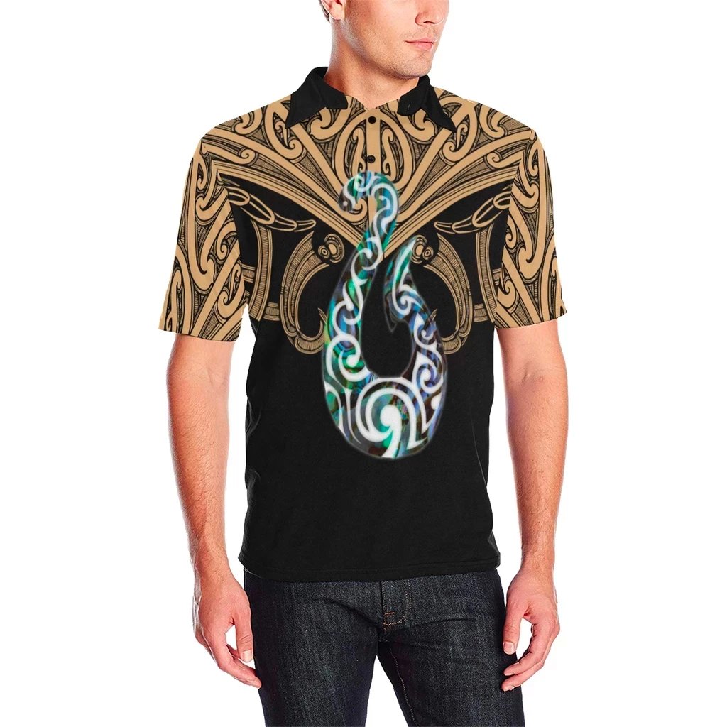 Maori Tattoo Polo Shirt Hei Matau Abalone Gold Unisex Black - Polynesian Pride