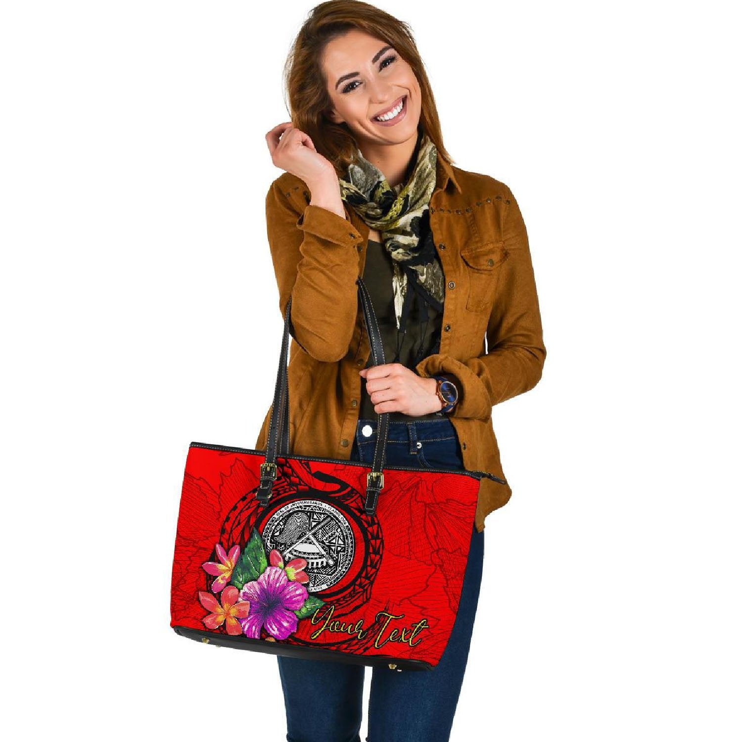 American Samoa Polynesian Custom Personalised Large Leather Tote - Floral With Seal Red Red - Polynesian Pride