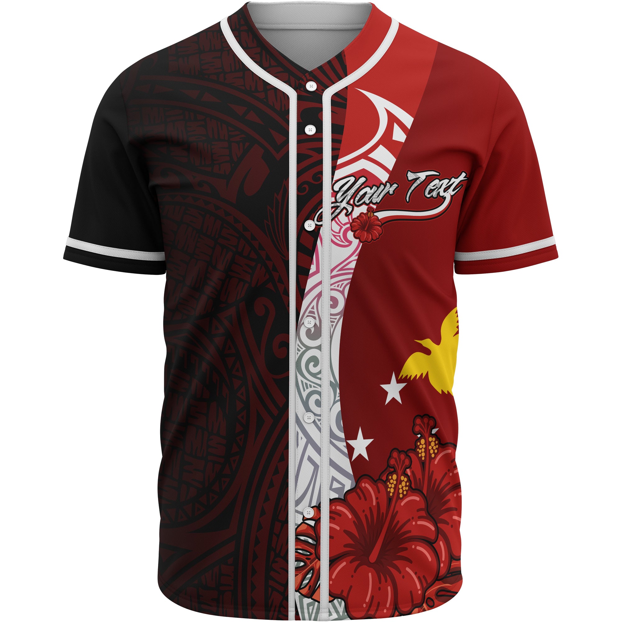 Papua New Guinea Polynesian Custom Personalised Baseball Shirt - Coat Of Arm With Hibiscus Unisex Red - Polynesian Pride