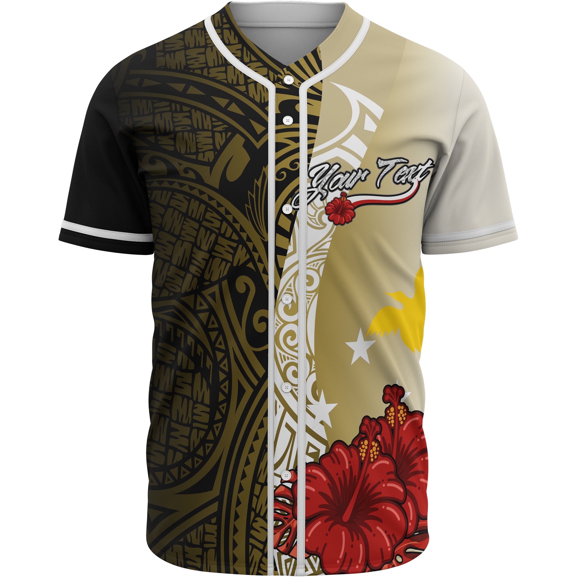 Papua New Guinea Polynesian Custom Personalised Baseball Shirt - Coat Of Arm With Hibiscus Gold Unisex Gold - Polynesian Pride