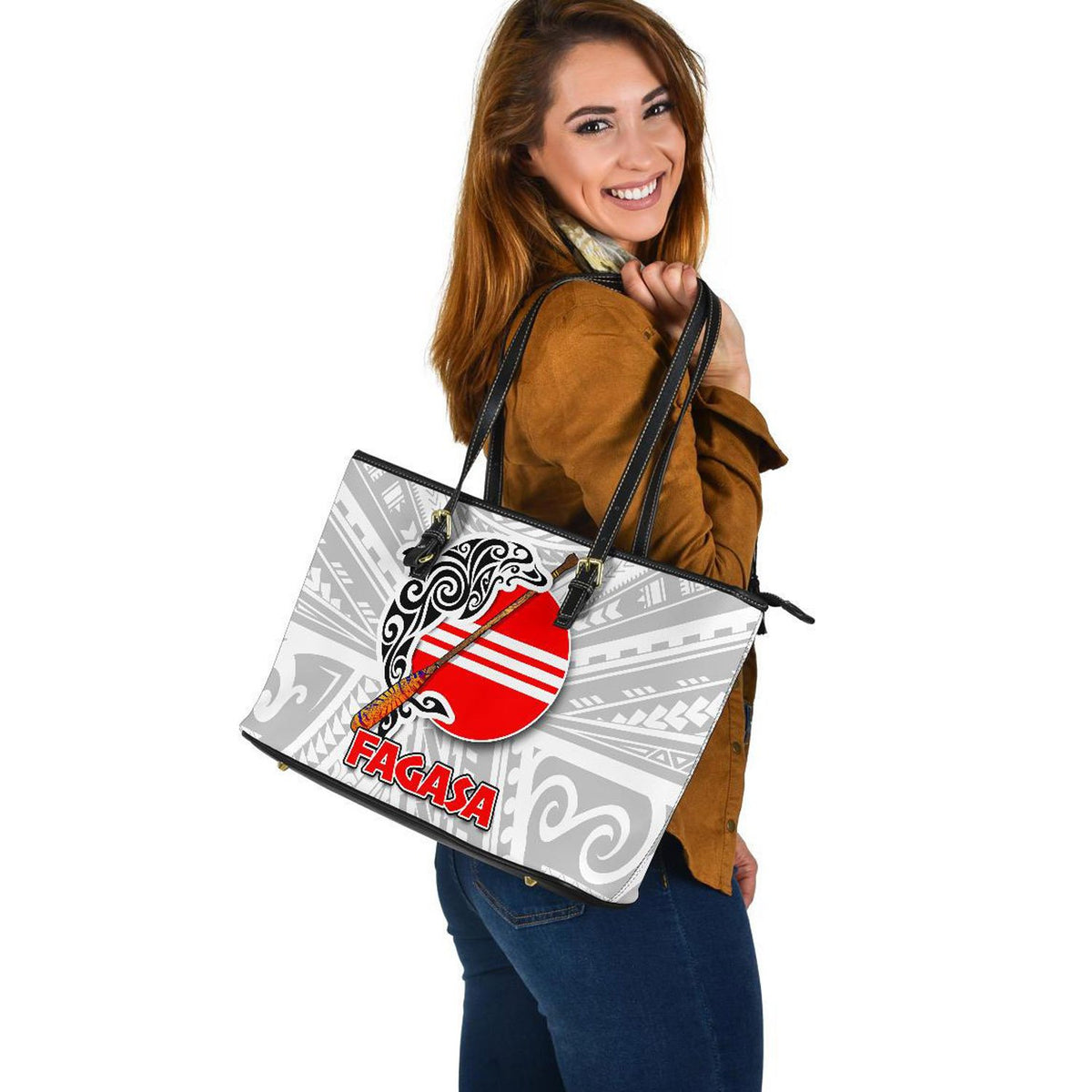 American Samoa Polynesian Large Leather Tote - Fagasa - Polynesian Pride