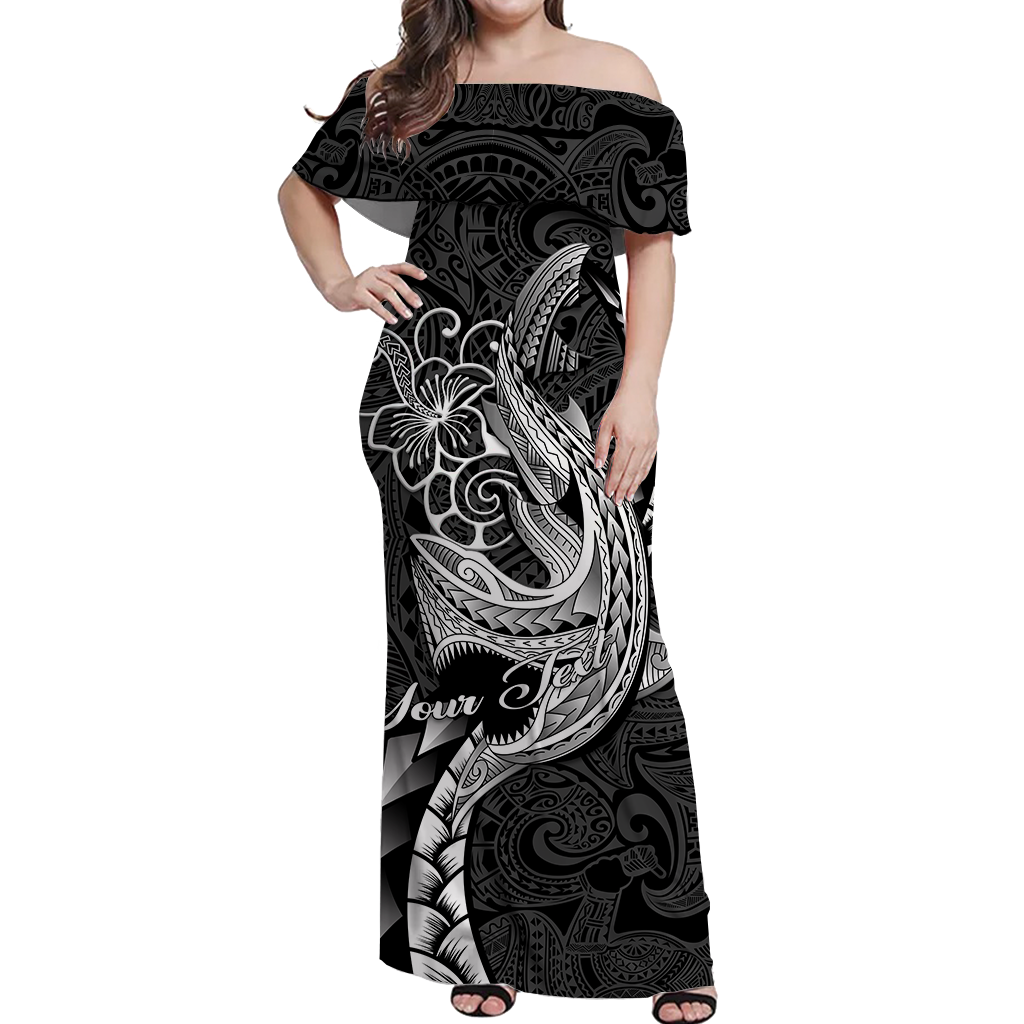 (Custom Personalised) Polynesian Shark Tattoo Hawaii Tribal Off Shoulder Long Dress - LT12 Long Dress Black - Polynesian Pride