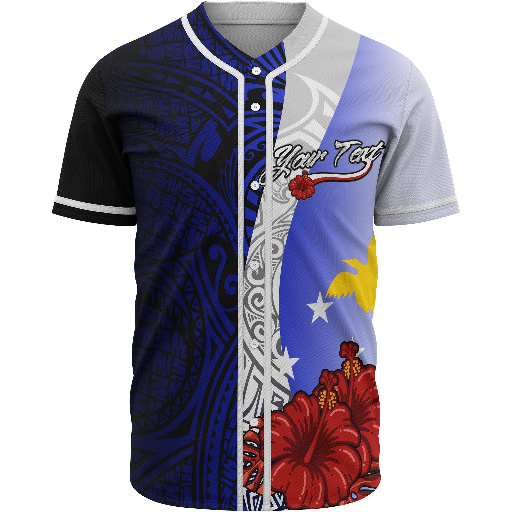 Papua New Guinea Polynesian Custom Personalised Baseball Shirt - Coat Of Arm With Hibiscus Blue Unisex Blue - Polynesian Pride