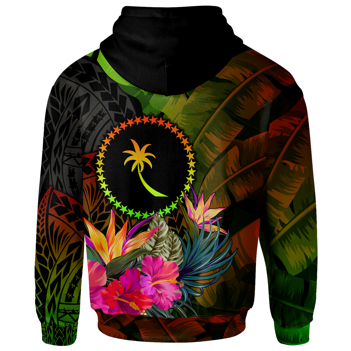 Chuuk Polynesian Zip up Hoodie Hibiscus and Banana Leaves - Polynesian Pride