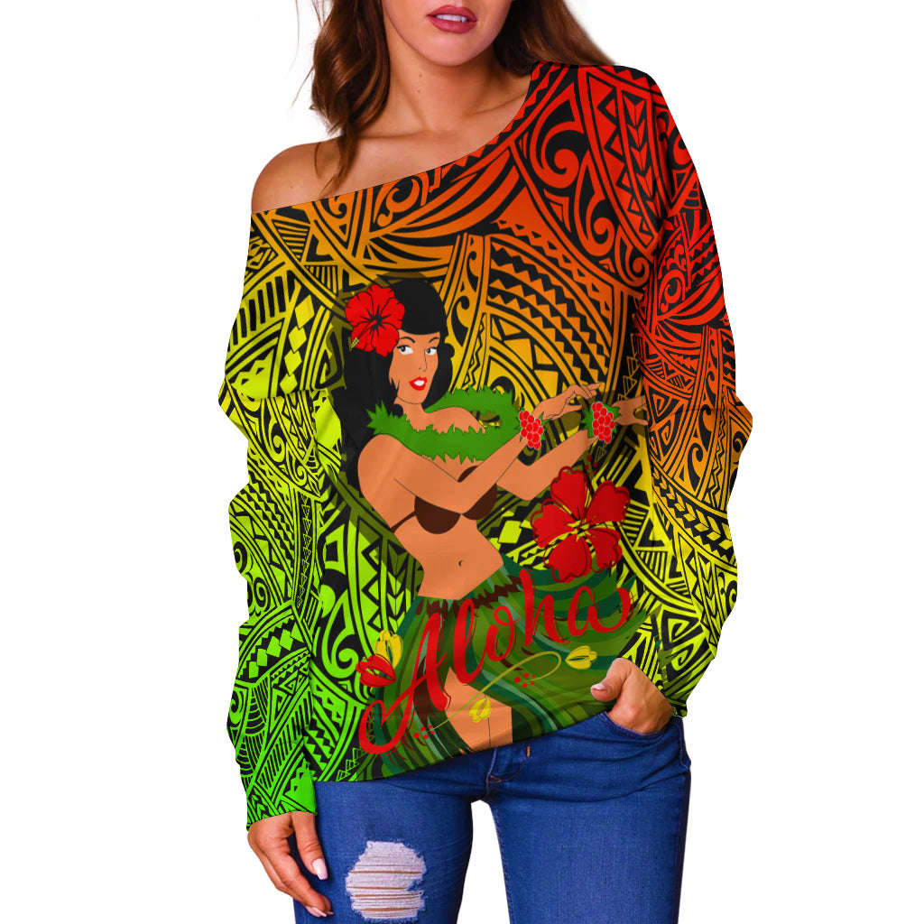 Hawaii Hula Girl Reggae Women Off Shoulder Sweater - LT2 - Polynesian Pride
