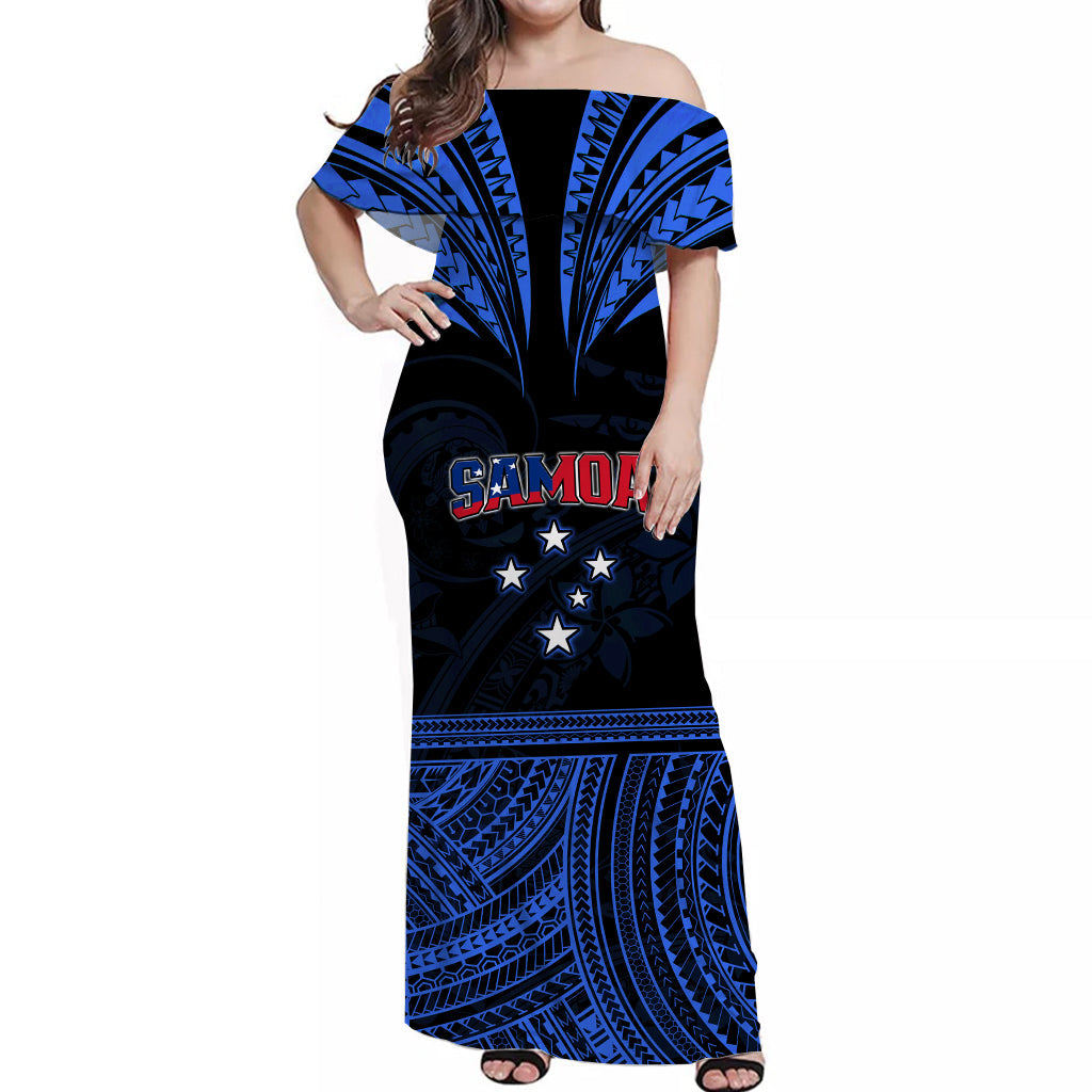(Custom Personalised) Samoa Tatau Off Shoulder Long Dress Blue Polynesian Proud Samoan LT13 Women Blue - Polynesian Pride