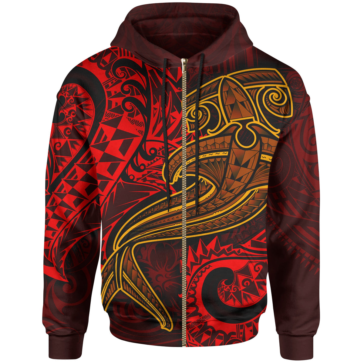 Polynesian Zip up Hoodie Red Shark Polynesian Tattoo Unisex Red - Polynesian Pride