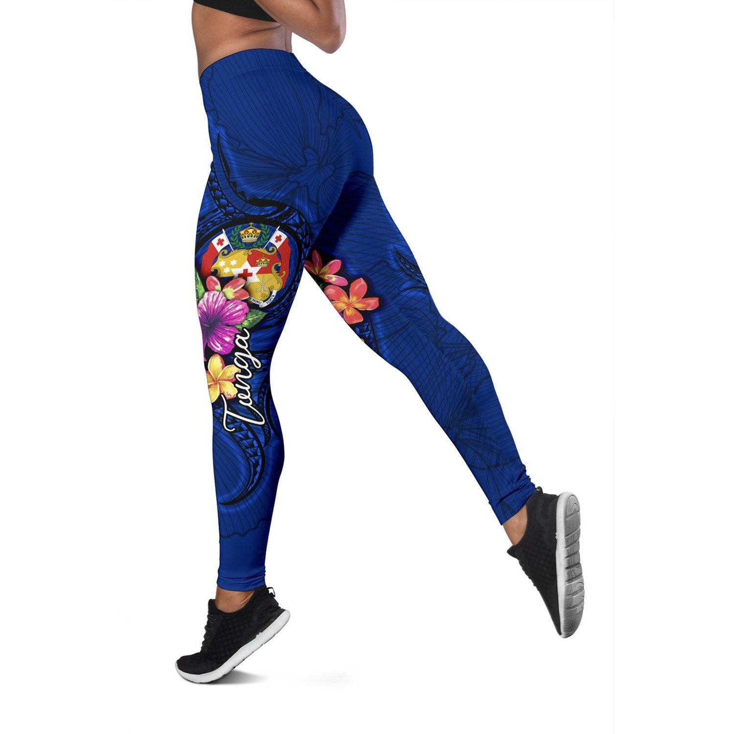 Tonga Polynesian Women's Legging - Floral With Seal Blue Blue - Polynesian Pride