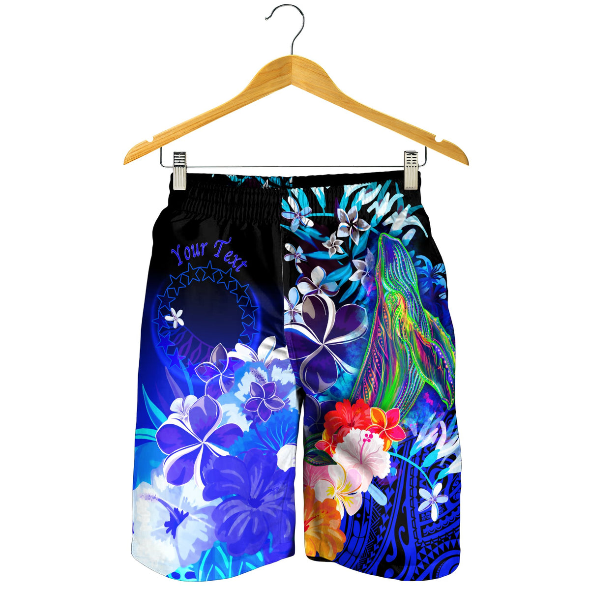 Cook Islands Custom Personalised Men's Shorts - Humpback Whale with Tropical Flowers (Blue) - Polynesian Pride