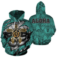 Hibiscus Polynesian Turquoise Hawaii Turtle Hoodie (Zip) Unisex Turquoise - Polynesian Pride