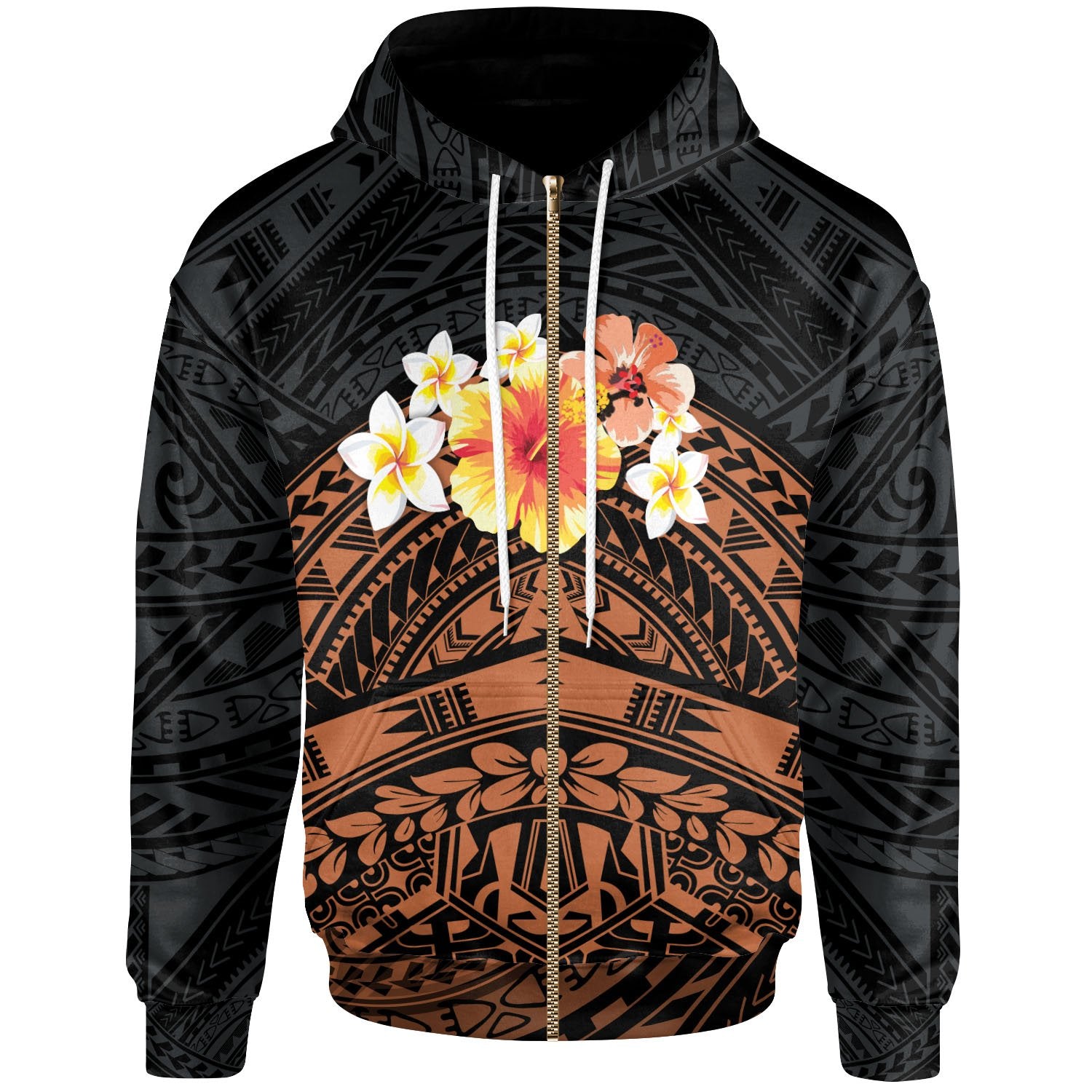 Polynesian Custom Zip up Hoodie Tribal Pattern Hibiscus Unisex Black - Polynesian Pride