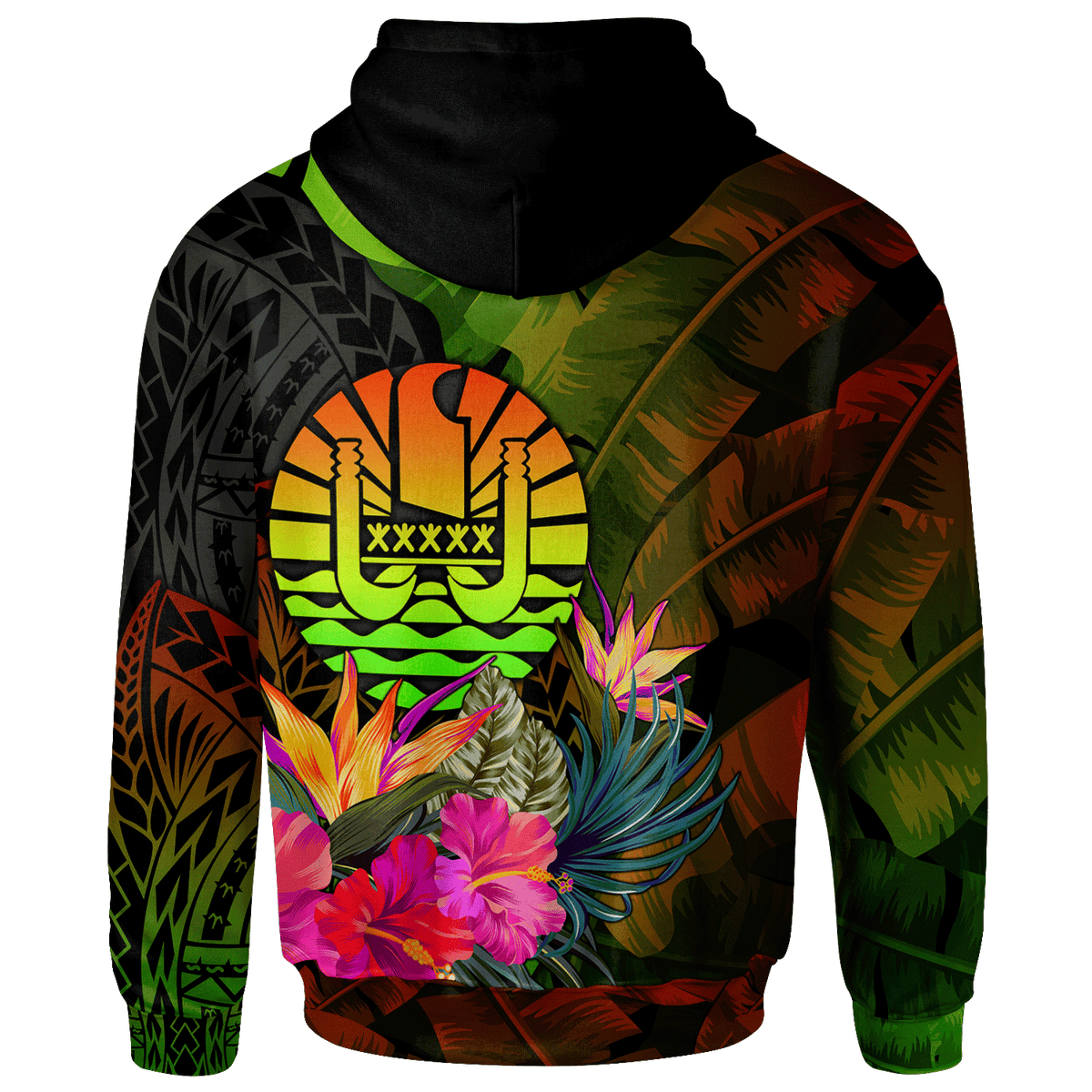 Tahiti Polynesian Zip up Hoodie Hibiscus and Banana Leaves - Polynesian Pride