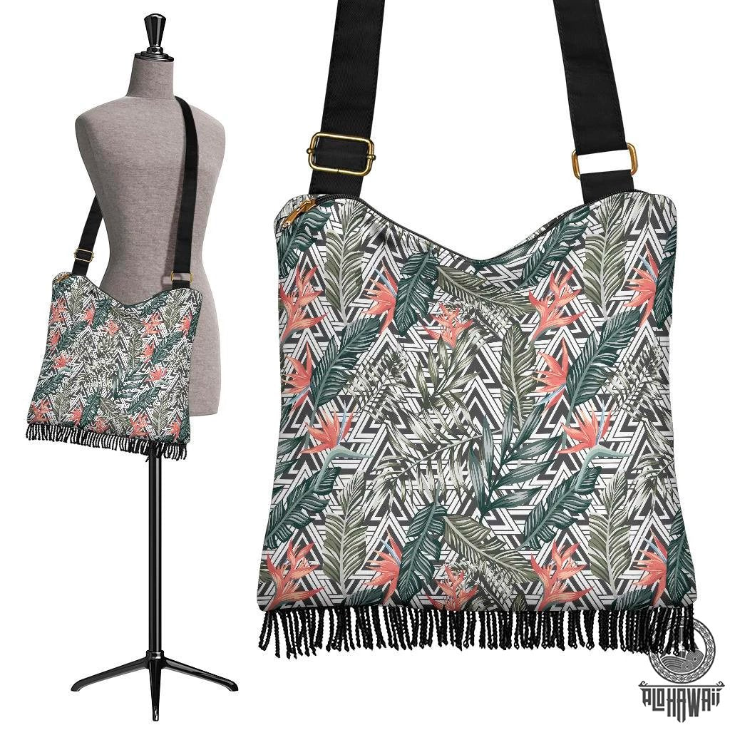 Hawaii Tropical Palm Leaves And Flowers Crossbody Boho Handbag Crossbody Boho Handbag One Size Green - Polynesian Pride