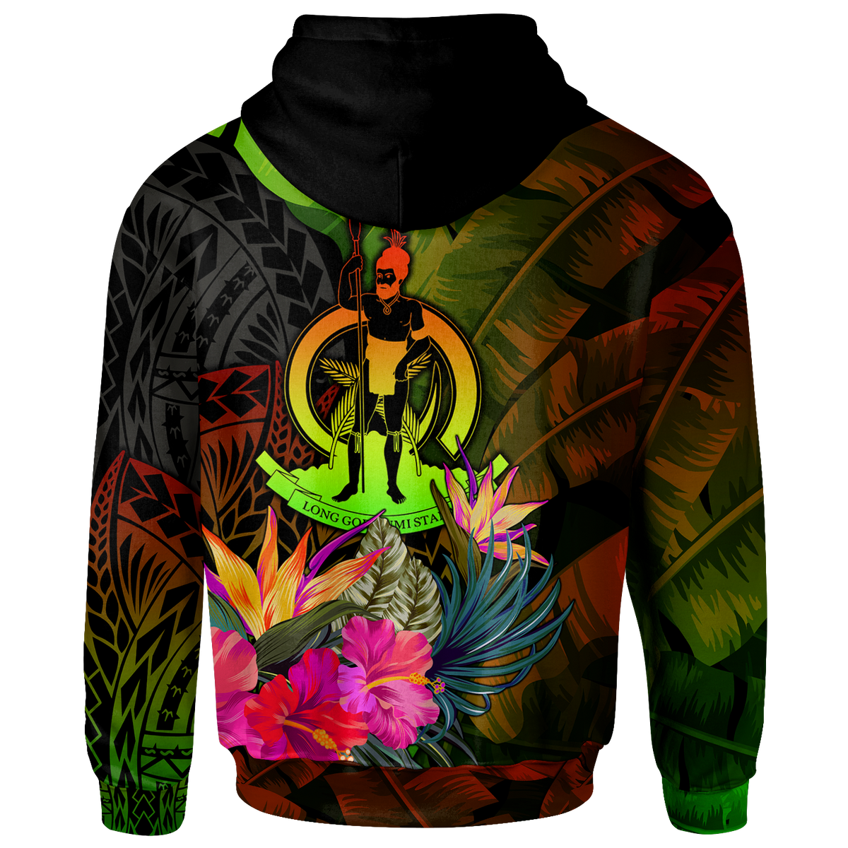 Vanuatu Polynesian Custom Zip up Hoodie Hibiscus and Banana Leaves - Polynesian Pride