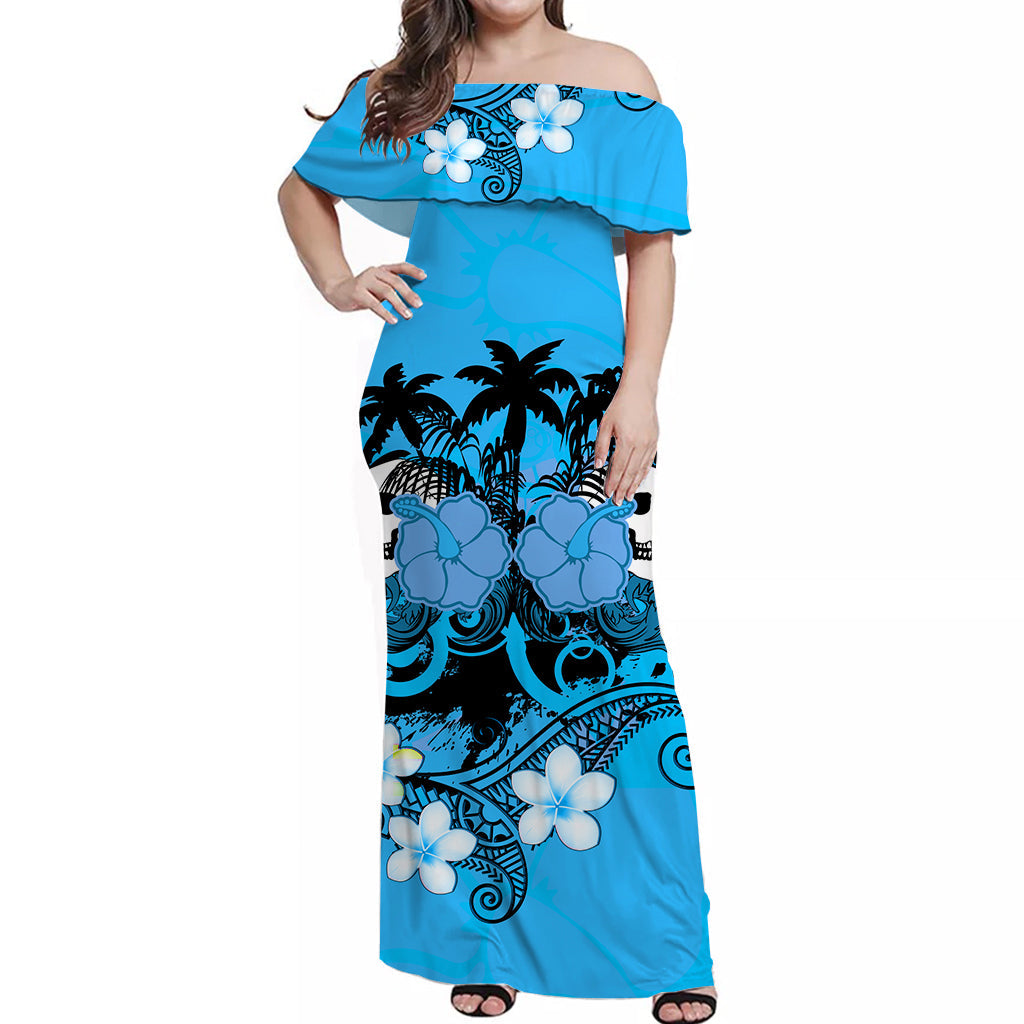 Hawaii Skull Off Shoulder Long Dress Mysterious Polynesia and Blue Flo