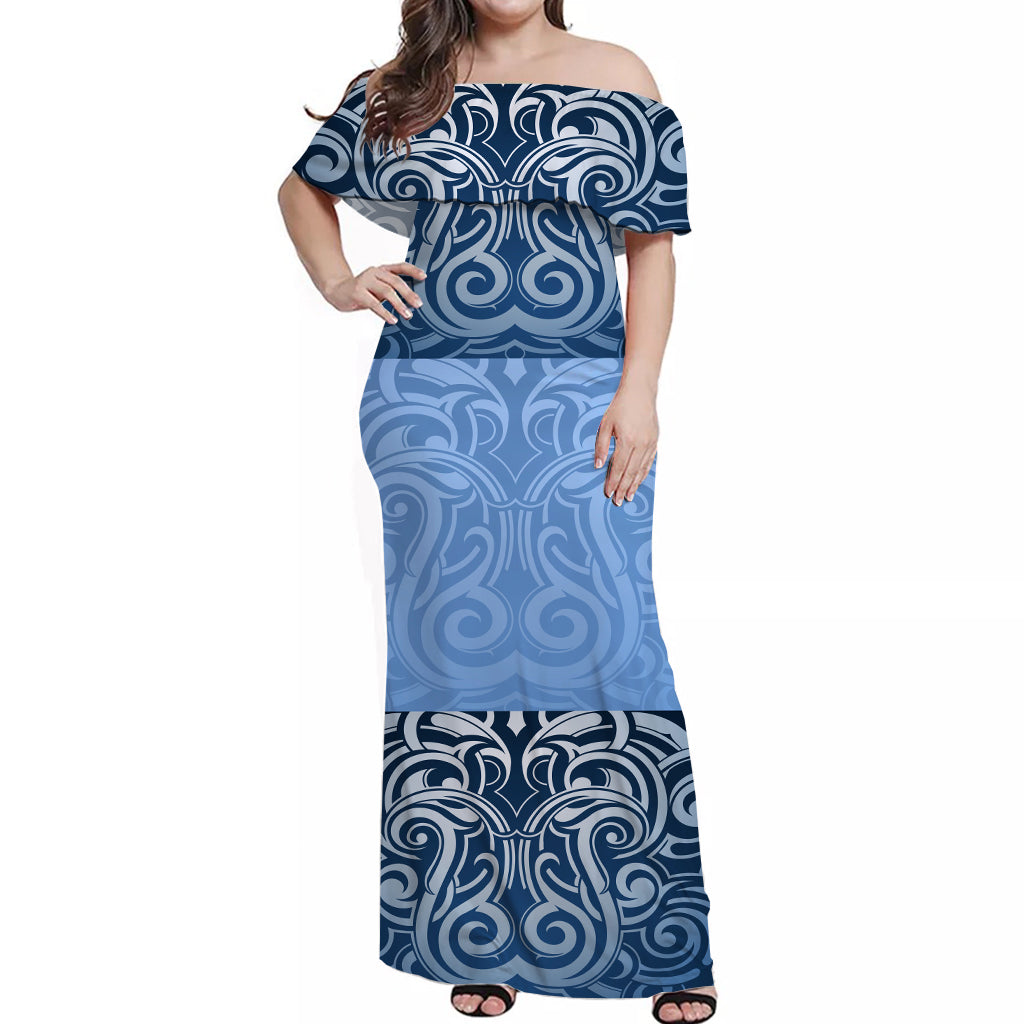 New Zealand Maori Off Shoulder Long Dress Ver.03 LT13 Women Blue - Polynesian Pride