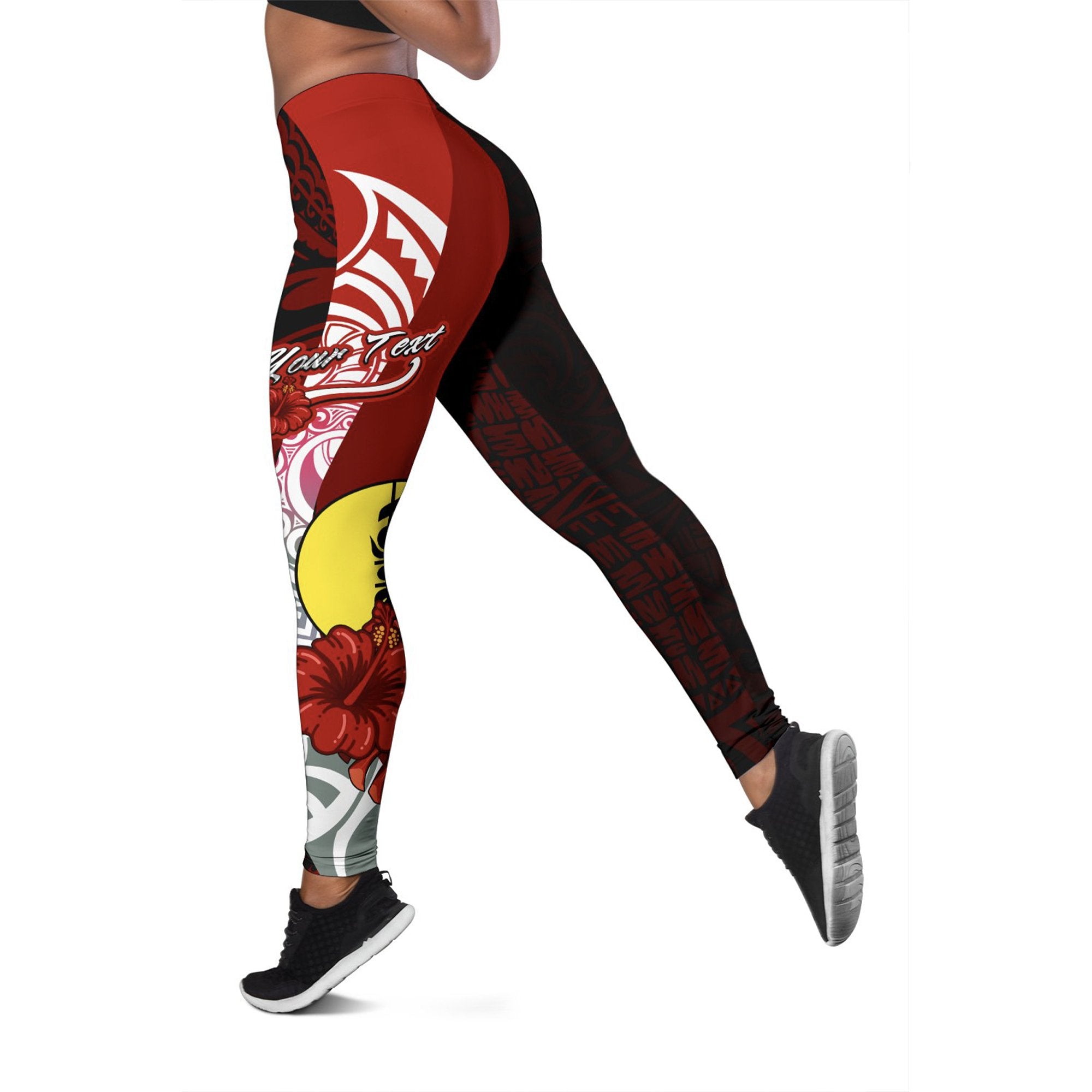 New Caledonia Polynesian Custom Personalised Legging - Coat Of Arm With Hibiscus Red - Polynesian Pride