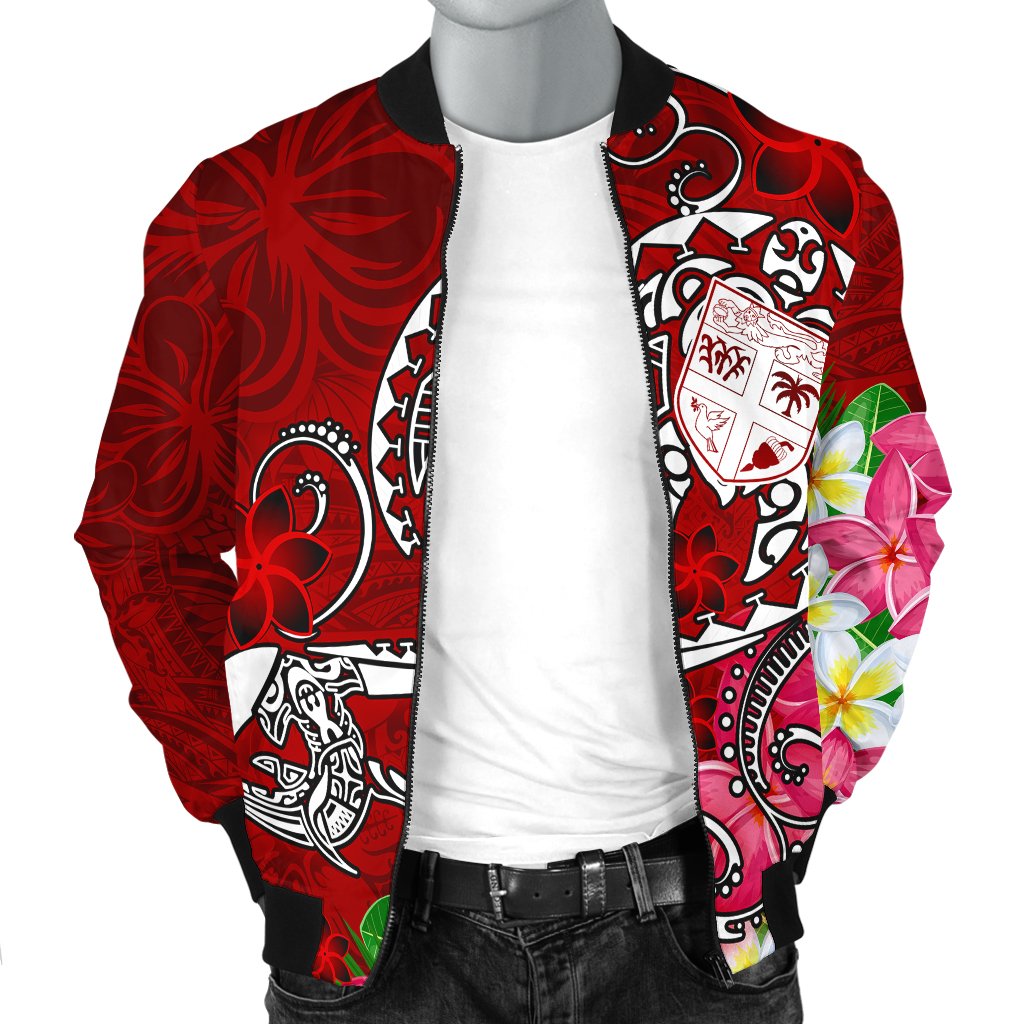 Fiji Men's Bomber Jacket - Turtle Plumeria (Red) - Polynesian Pride