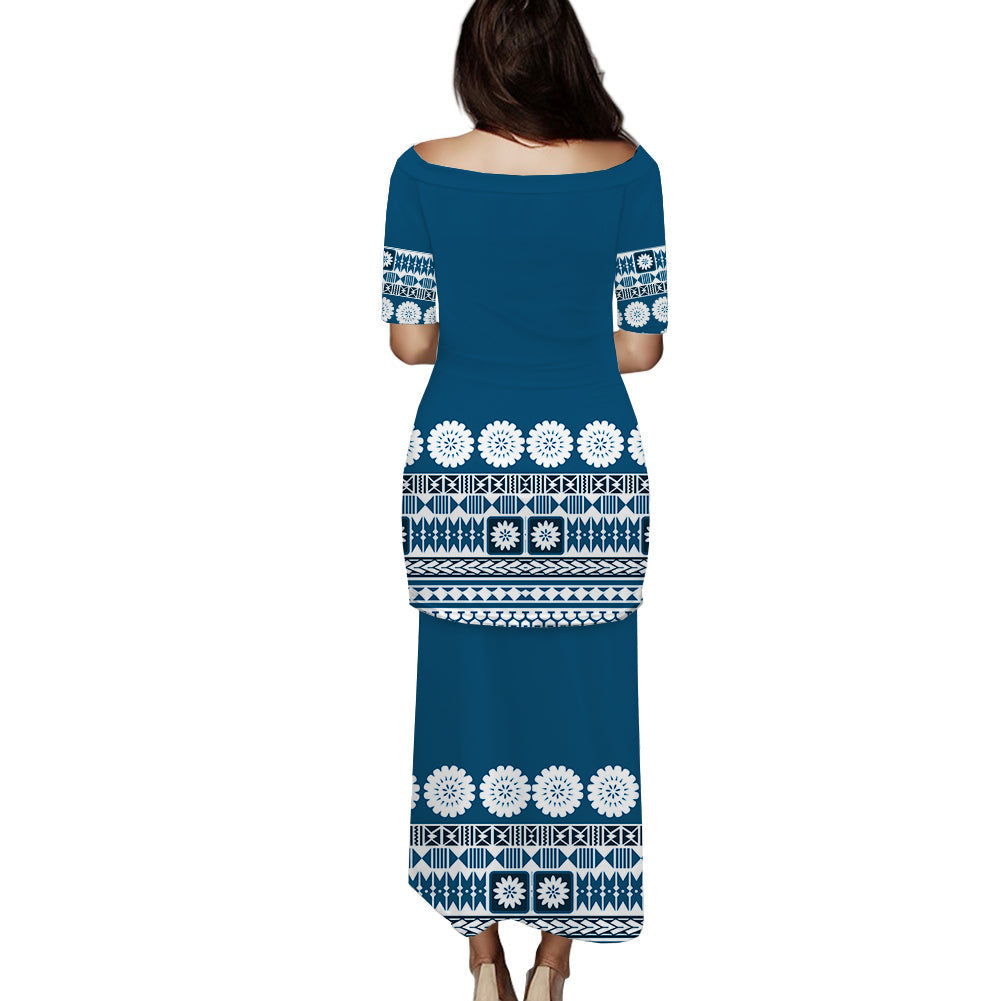 Fiji Bula Dress Tapa Blue Puletasi Dress LT14 - Polynesian Pride