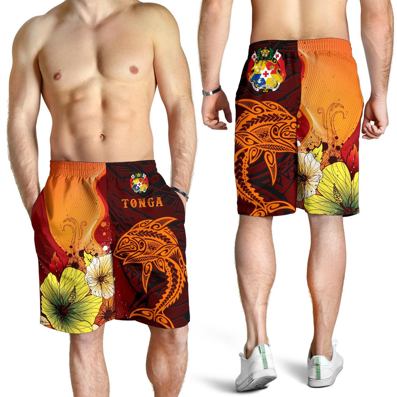 Tonga Men's Shorts - Tribal Tuna Fish Orange - Polynesian Pride