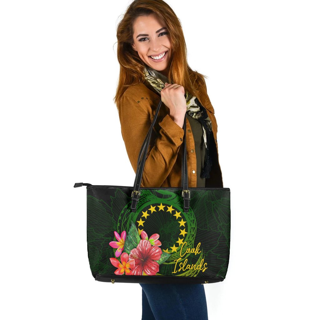 Cook Islands Polynesian Leather Tote Bag - Floral With Seal Flag Color Green - Polynesian Pride