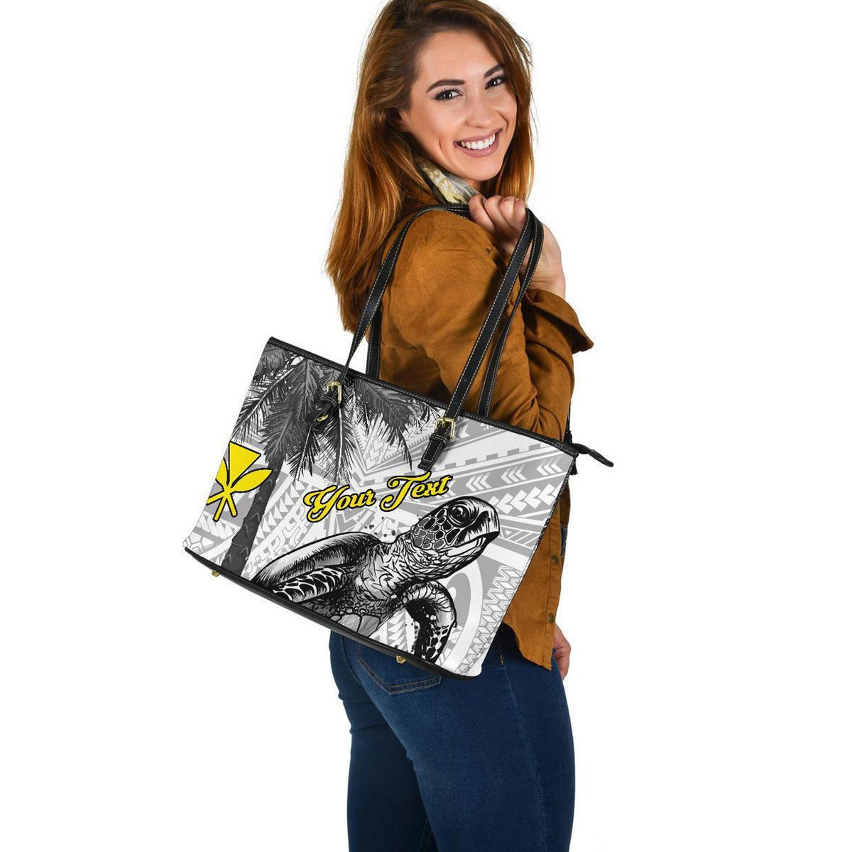 Hawaii Custom Personalised Persionalised Large Leather Tote - Turtle Palm Tree White - Polynesian Pride