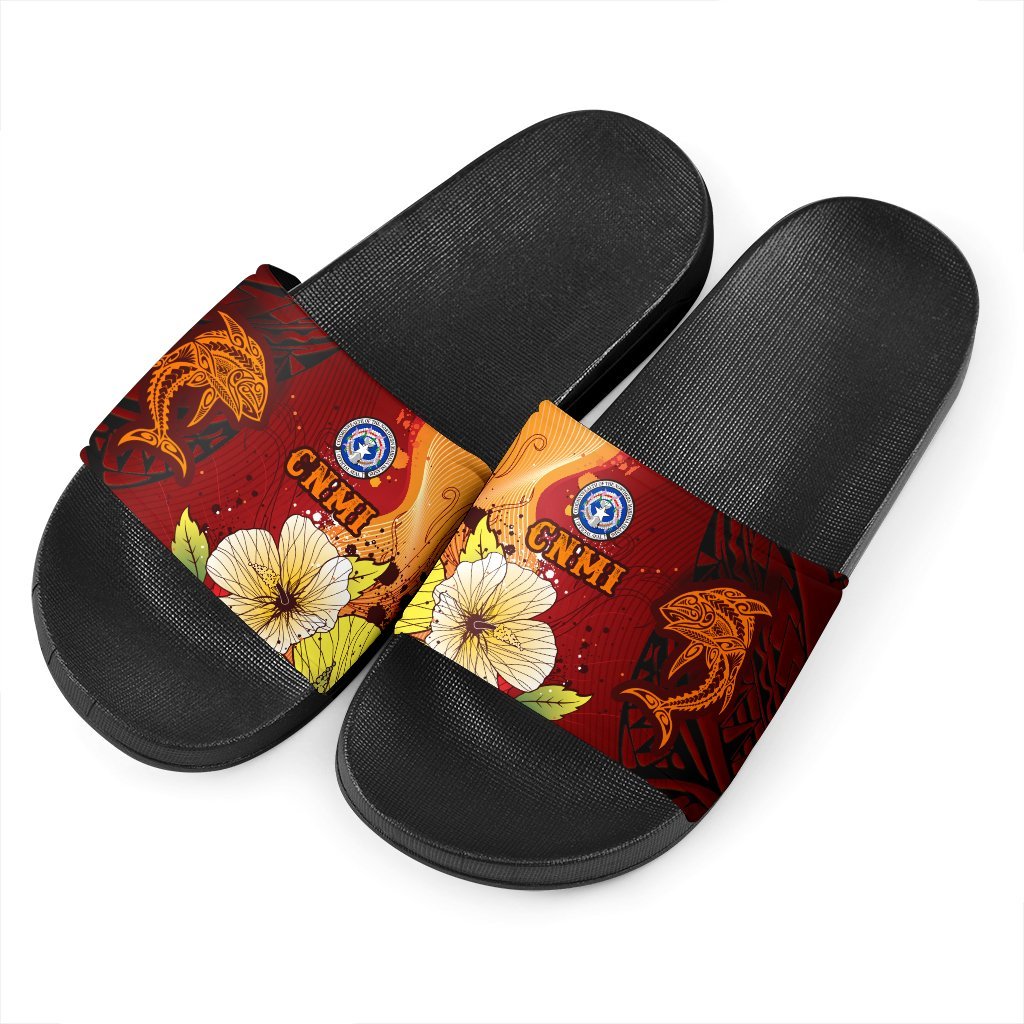 Northern Mariana Islands Slide Sandals - Tribal Tuna Fish Black - Polynesian Pride