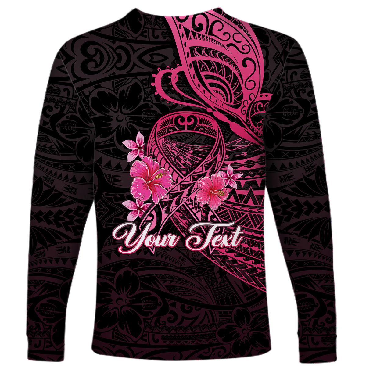 (Custom Personalised) Breast Cancer Pink Ribbon Butterfly Polynesian Black Version Long Sleeve Shirt - LT12 - Polynesian Pride