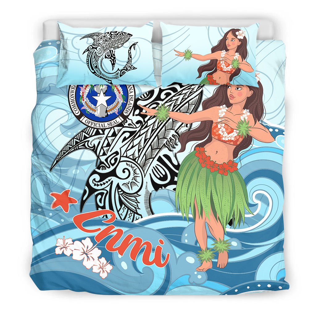 Northern Mariana Islands Bedding Set - Polynesian Girls With Shark - Polynesian Pride