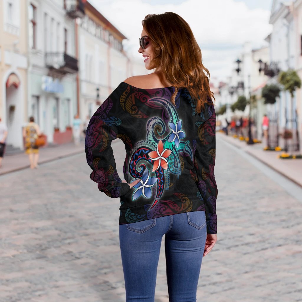 American Samoa Women's Off Shoulder Sweater - Plumeria Flowers Style - Polynesian Pride